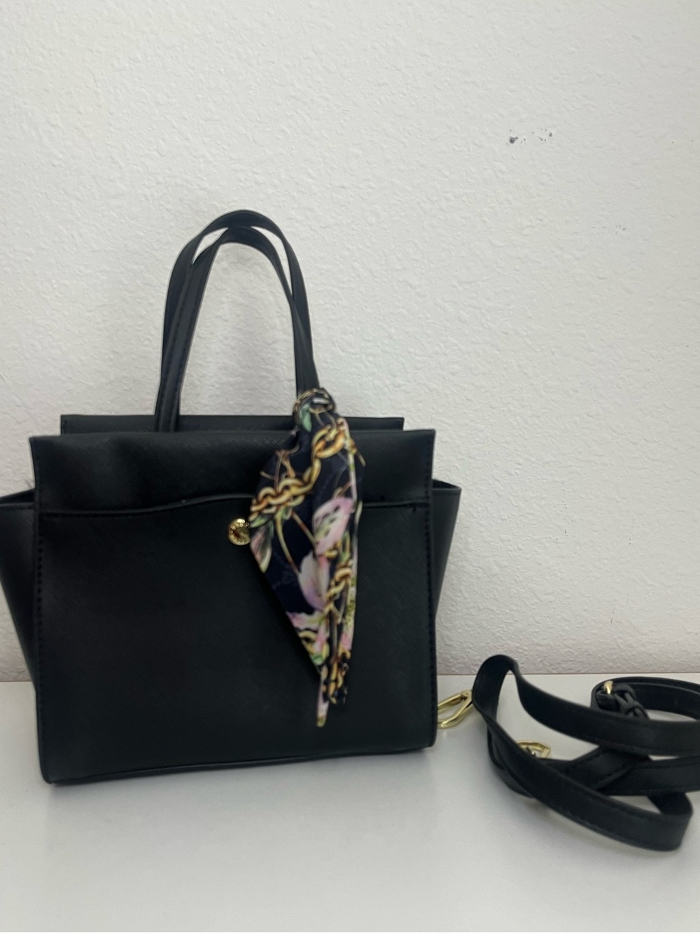 Steve Madden Black Women's Structured Tote Bag Crossbody with Scarf Accent